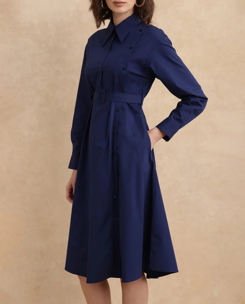 Rareism Women's Collared Cuffed Sleeve Flared Knee Length Dress