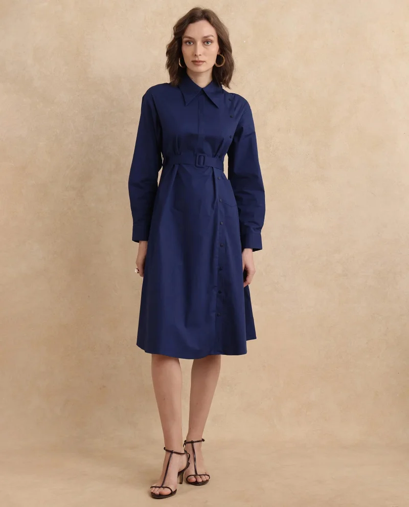Rareism Women's Collared Cuffed Sleeve Flared Knee Length Dress