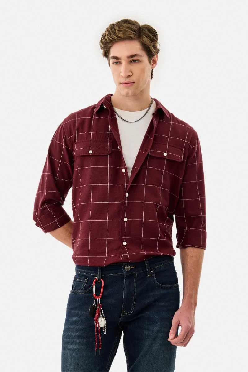 SNITCH Double Pocket Linen Blend Checks Shirt