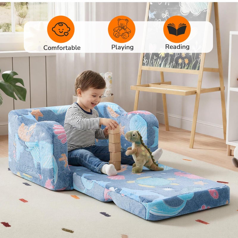 MeMoreCool Glowing Ocean Kids Chair - Glow-in-the-Dark 2-in-1 Kids Couch Fold Out to Lounger, Sea Life Foam Sofa with Seahorse Starfish Shell Print, Washable Cover for Ages 1-3 - Image 2