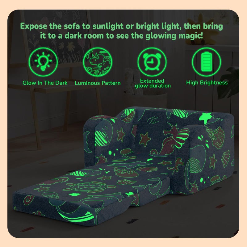 MeMoreCool Glowing Ocean Kids Chair - Glow-in-the-Dark 2-in-1 Kids Couch Fold Out to Lounger, Sea Life Foam Sofa with Seahorse Starfish Shell Print, Washable Cover for Ages 1-3 - Image 4