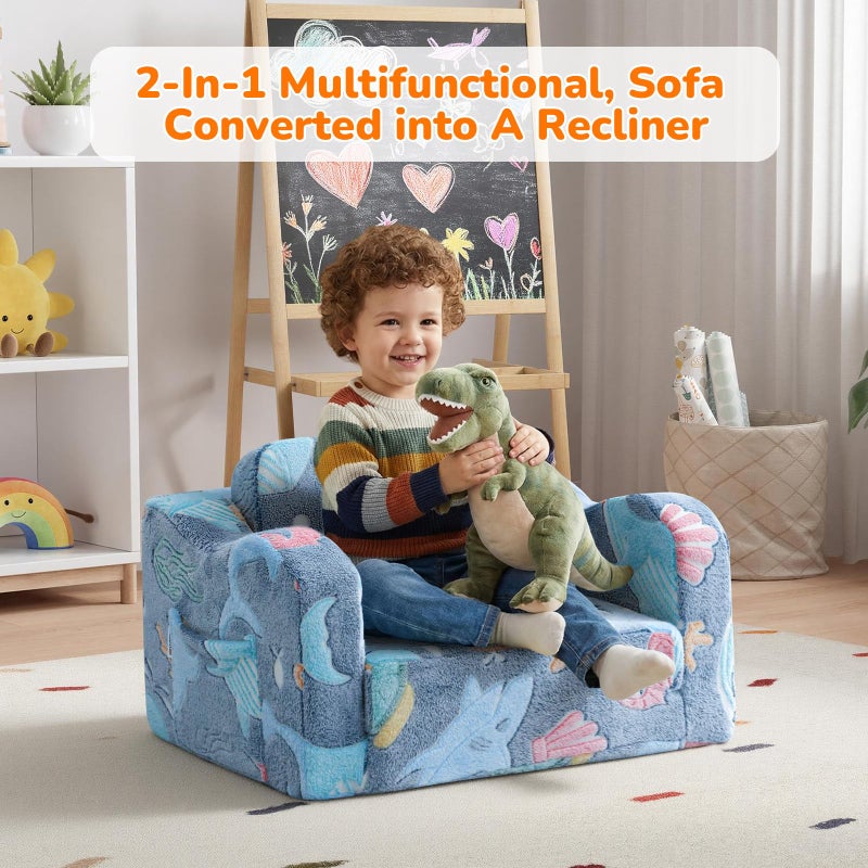 MeMoreCool Glowing Ocean Kids Chair - Glow-in-the-Dark 2-in-1 Kids Couch Fold Out to Lounger, Sea Life Foam Sofa with Seahorse Starfish Shell Print, Washable Cover for Ages 1-3 - Image 5