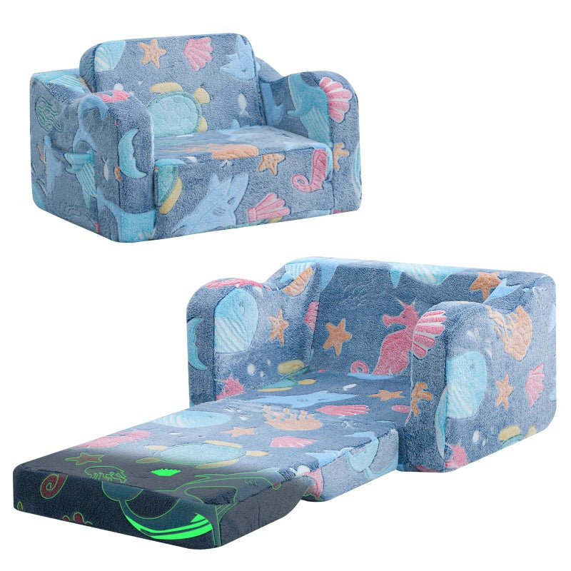 MeMoreCool Glowing Ocean Kids Chair - Glow-in-the-Dark 2-in-1 Kids Couch Fold Out to Lounger, Sea Life Foam Sofa with Seahorse Starfish Shell Print, Washable Cover for Ages 1-3 - Image 1