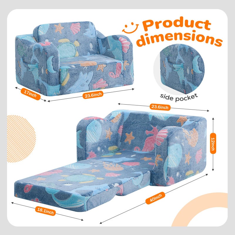 MeMoreCool Glowing Ocean Kids Chair - Glow-in-the-Dark 2-in-1 Kids Couch Fold Out to Lounger, Sea Life Foam Sofa with Seahorse Starfish Shell Print, Washable Cover for Ages 1-3 - Image 3