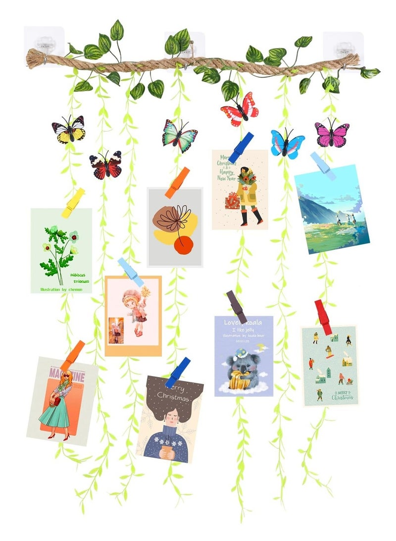 كابتن تيك Wall Hanging Photo Display with Artificial Leaves Vines, Macrame Photo Holders, Boho Pictures Organizer for Wall Decoration, with 25 Wood Clips, for Home, Office, Classroom, Party, Wedding - Image 1