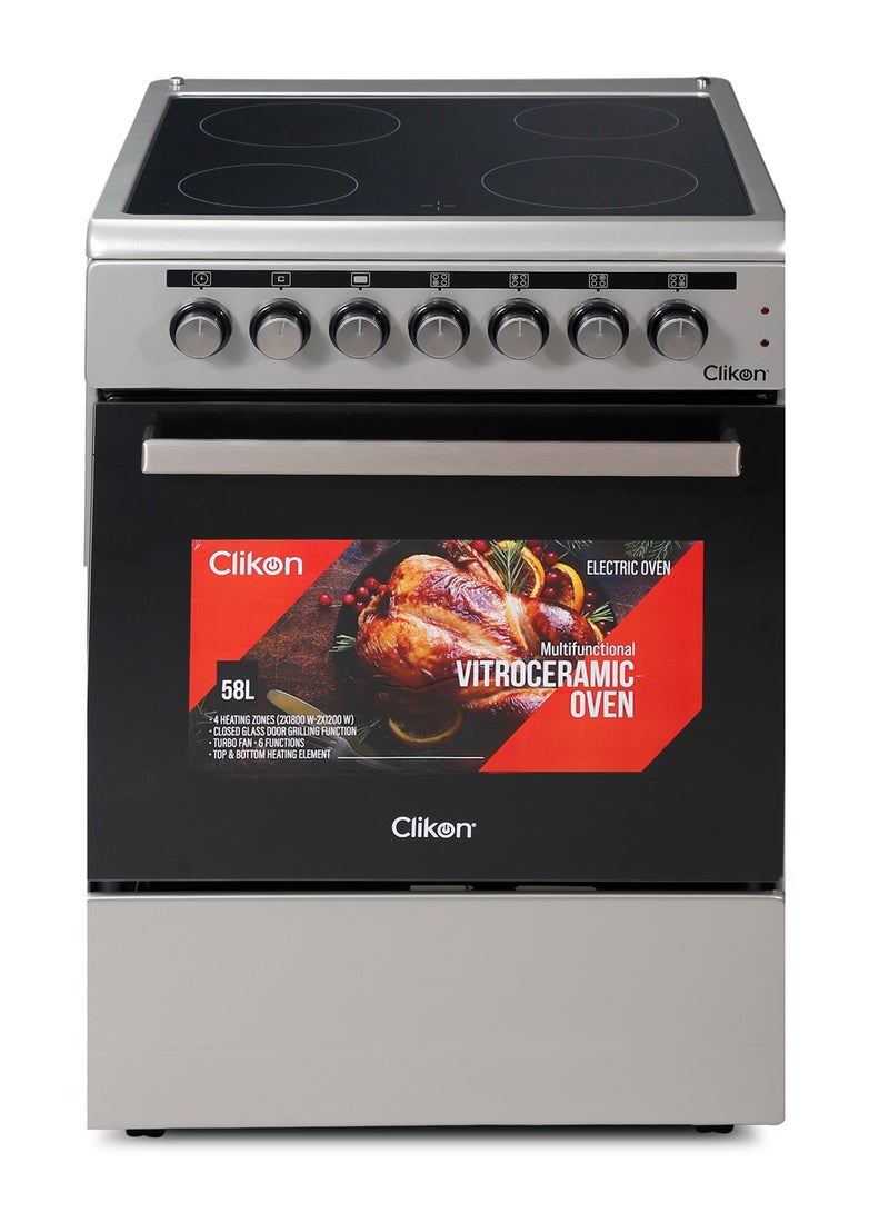 Clikon 60x60 Electric Cooker, Vitro Ceramic Free standing 4 Heating Zone Cooking Range, Rapid Cooking, Double Glass Oven, Thermostatic Control 4 CK310 Silver/Black - Image 1