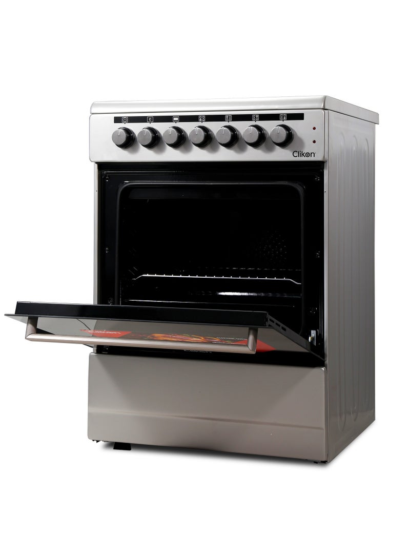 Clikon 60x60 Electric Cooker, Vitro Ceramic Free standing 4 Heating Zone Cooking Range, Rapid Cooking, Double Glass Oven, Thermostatic Control 4 CK310 Silver/Black - Image 5