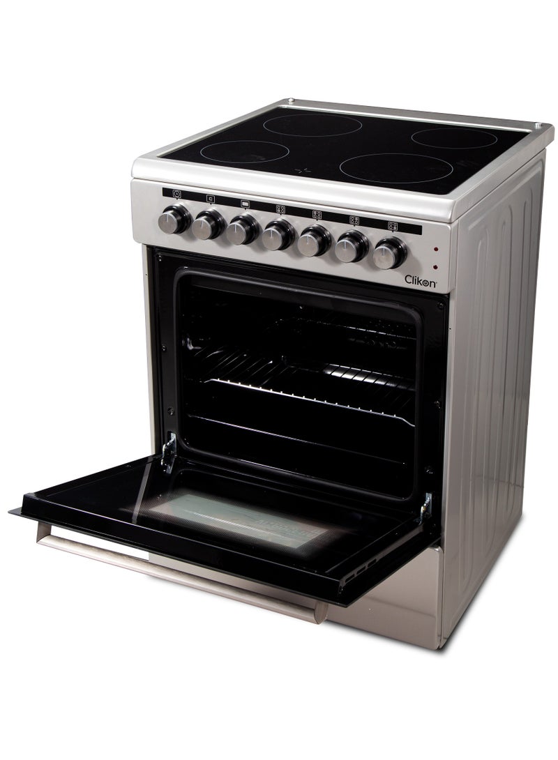 Clikon 60x60 Electric Cooker, Vitro Ceramic Free standing 4 Heating Zone Cooking Range, Rapid Cooking, Double Glass Oven, Thermostatic Control 4 CK310 Silver/Black - Image 2