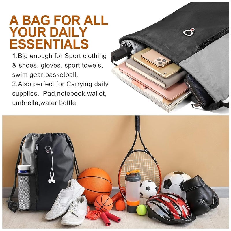 ALASKA ® Drawstring Backpack Sports Gym Bag Large Size (18 Inch x 14 Inch) for Women & Men, Large Size With Two Zipper Pockets and Water Bottle Mesh Pocket. - Image 3