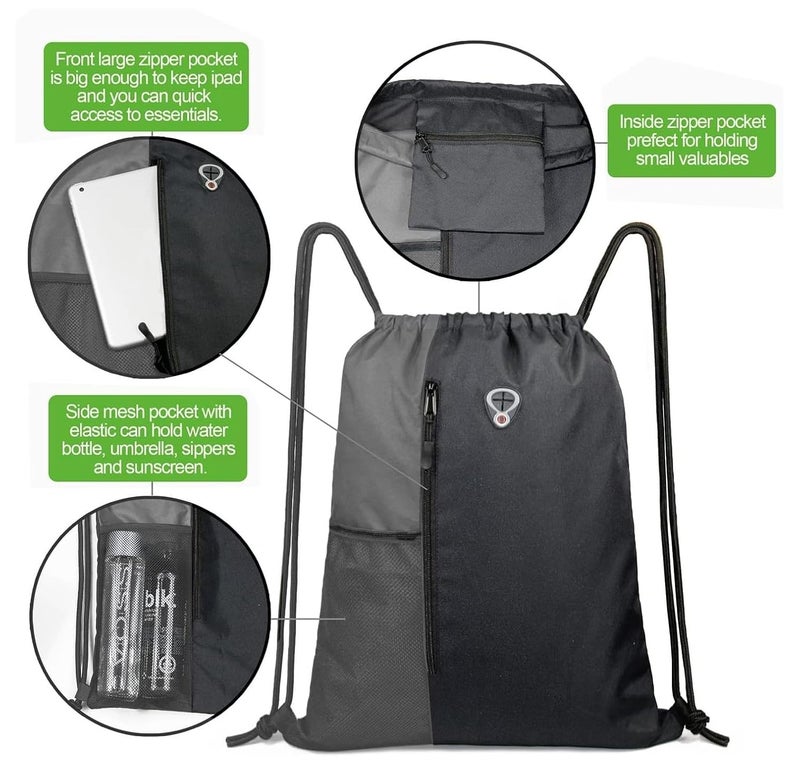 ALASKA ® Drawstring Backpack Sports Gym Bag Large Size (18 Inch x 14 Inch) for Women & Men, Large Size With Two Zipper Pockets and Water Bottle Mesh Pocket. - Image 4