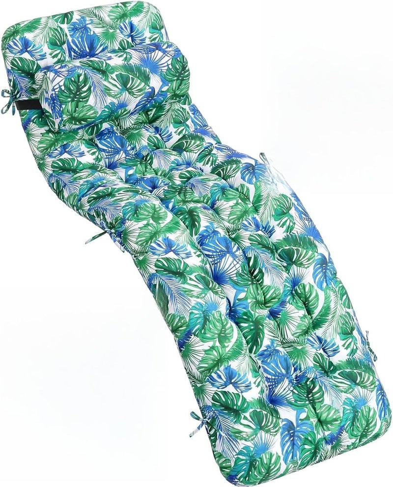 Tudomro 1 Pcs Light Blue Floral 66'' Outdoor Chaise Lounge Cushion Waterproof Patio Lawn Pool Chaise Lounge Cushion with Headrest Pillow & Ties Weather Fade Resistant Replacement Longue Chair Pad - Image 1