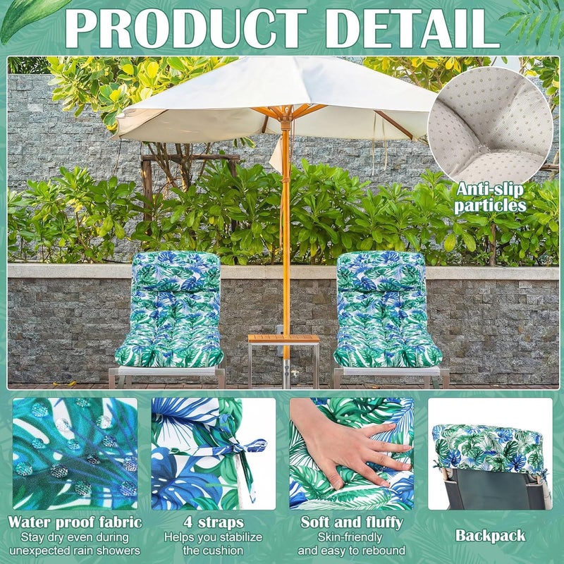Tudomro 1 Pcs Light Blue Floral 66'' Outdoor Chaise Lounge Cushion Waterproof Patio Lawn Pool Chaise Lounge Cushion with Headrest Pillow & Ties Weather Fade Resistant Replacement Longue Chair Pad - Image 3