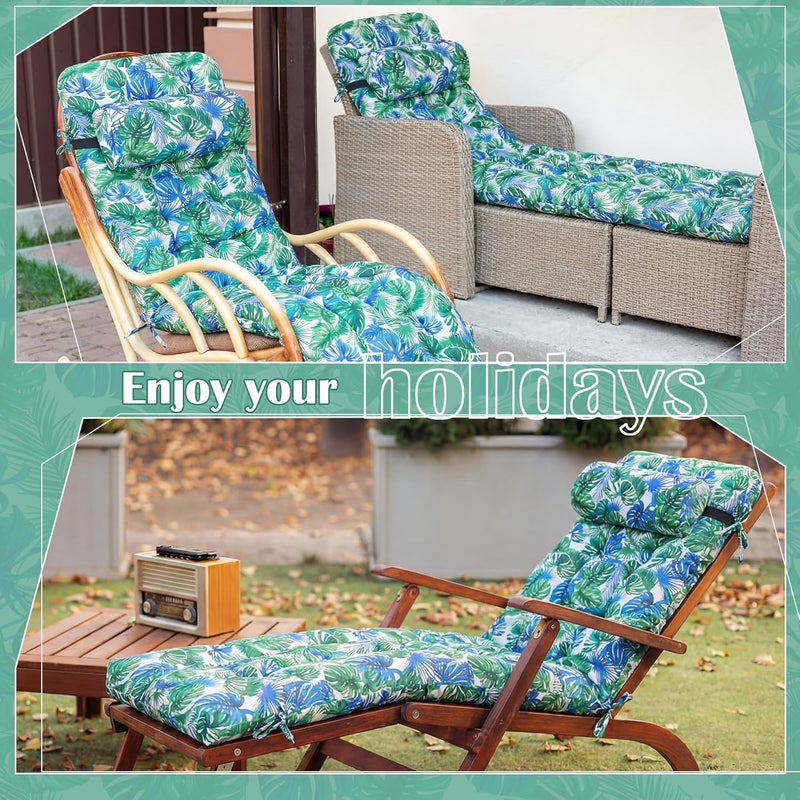 Tudomro 1 Pcs Light Blue Floral 66'' Outdoor Chaise Lounge Cushion Waterproof Patio Lawn Pool Chaise Lounge Cushion with Headrest Pillow & Ties Weather Fade Resistant Replacement Longue Chair Pad - Image 5