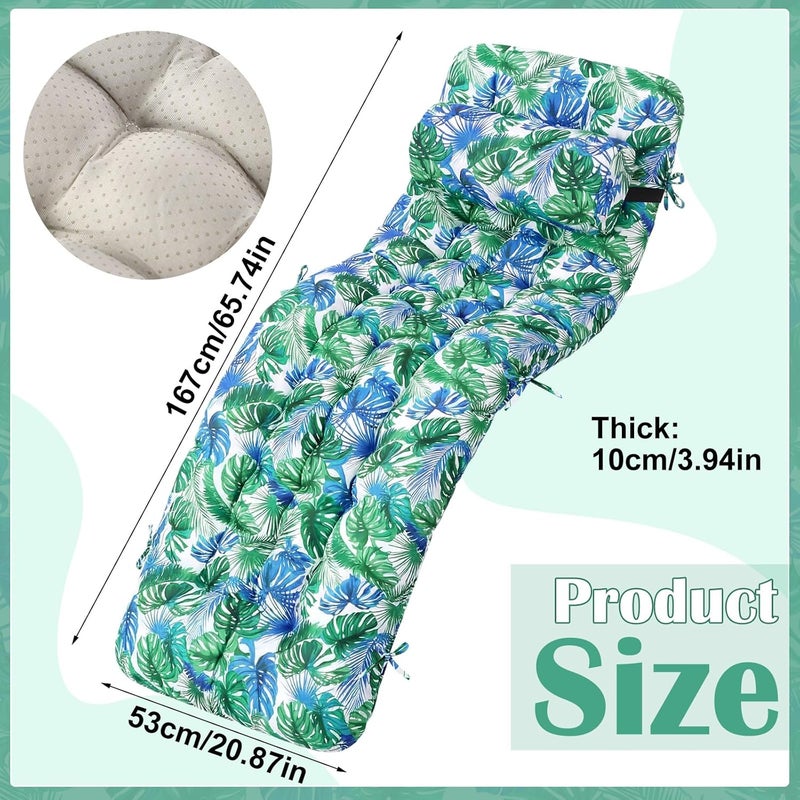 Tudomro 1 Pcs Light Blue Floral 66'' Outdoor Chaise Lounge Cushion Waterproof Patio Lawn Pool Chaise Lounge Cushion with Headrest Pillow & Ties Weather Fade Resistant Replacement Longue Chair Pad - Image 2