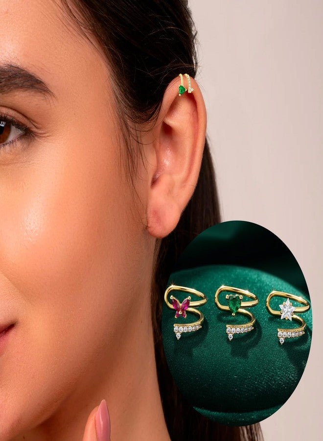 VAMA FASHIONS 18K Gold Plated Left Ear Cuff Anti Tarnish Stone Without Piercing Stud Earring Upper Ear western ethnic Lightweight Jewellery For Women & Girls (3 Pcs Left Upper Ear Cuffs) - Image 5