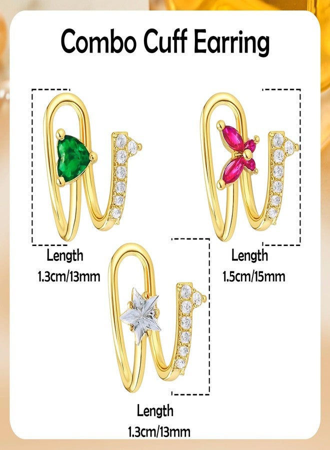 VAMA FASHIONS 18K Gold Plated Left Ear Cuff Anti Tarnish Stone Without Piercing Stud Earring Upper Ear western ethnic Lightweight Jewellery For Women & Girls (3 Pcs Left Upper Ear Cuffs) - Image 3