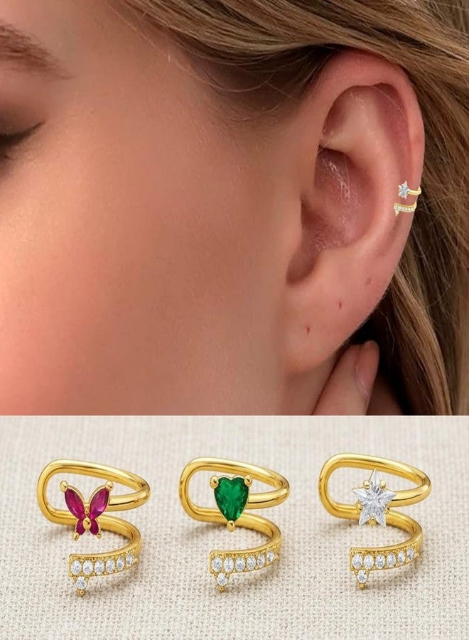 VAMA FASHIONS 18K Gold Plated Left Ear Cuff Anti Tarnish Stone Without Piercing Stud Earring Upper Ear western ethnic Lightweight Jewellery For Women & Girls (3 Pcs Left Upper Ear Cuffs) - Image 2