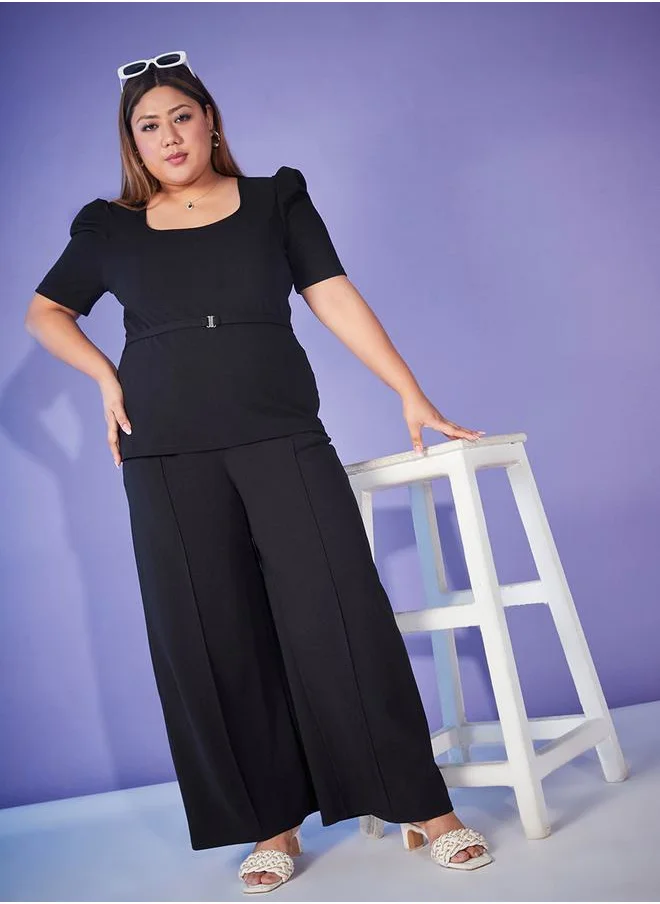 SASSAFRAS Puff Sleeve Belted Top & Bell Bottom Pants Co-Ords by Styli