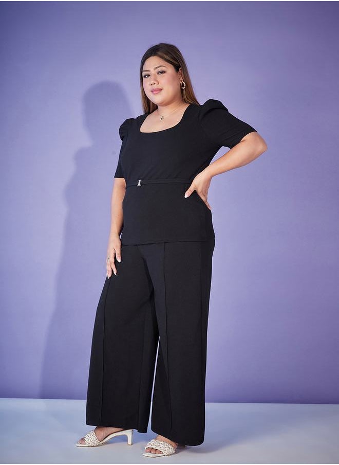 SASSAFRAS - Puff Sleeve Belted Top & Bell Bottom Pants Co-Ords by Styli - Image 1