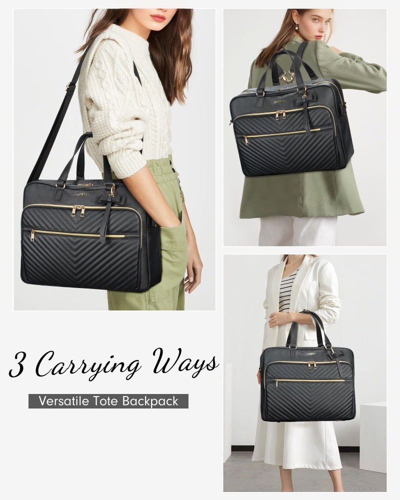 Taygeer 17 Inch Laptop Bag for Women, Large Convertible Quilted Briefcase Backpack with USB Port, Waterproof Leather Work Tote Bags, Professional Shoulder Computer Handbags for Office Business, Black - Image 2