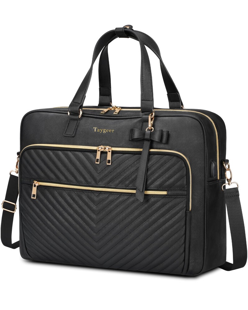 Taygeer 17 Inch Laptop Bag for Women, Large Convertible Quilted Briefcase Backpack with USB Port, Waterproof Leather Work Tote Bags, Professional Shoulder Computer Handbags for Office Business, Black - Image 1