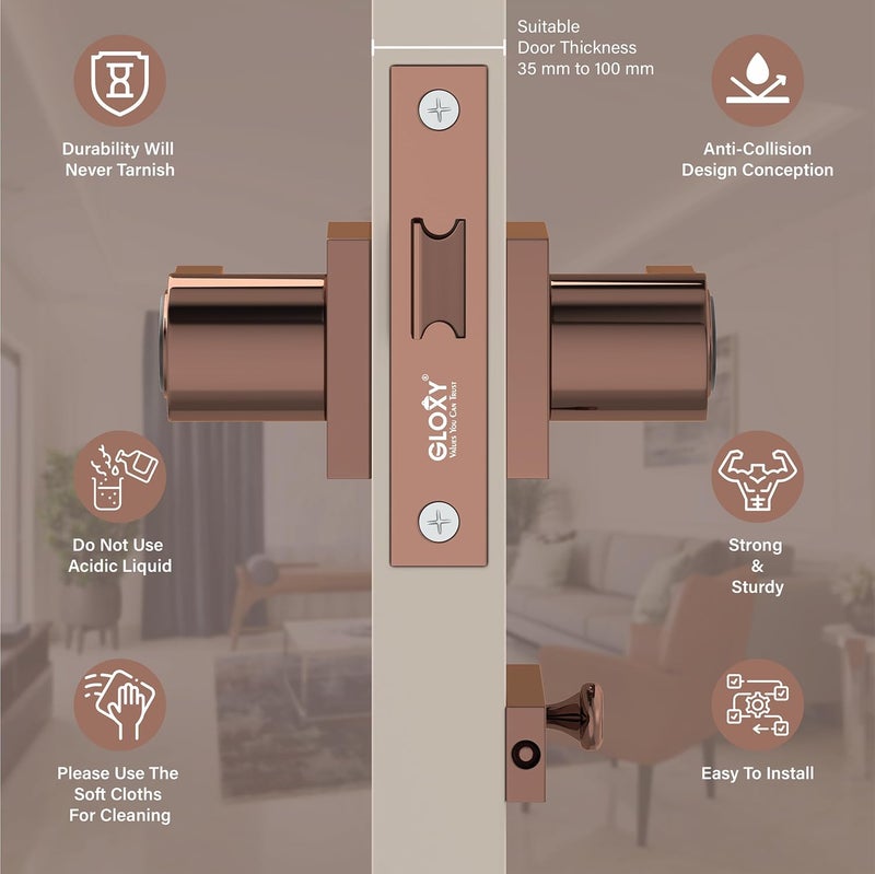 GLOXY Gloxy Brass Door Lock Set for Bathroom Mortise Door Lock Handle Set for Balcony Baby Latch Keyless Lock Handle Set for Storeroom Rose Gold Black Finish 2 Years Warranty Pack of 1  - Image 2