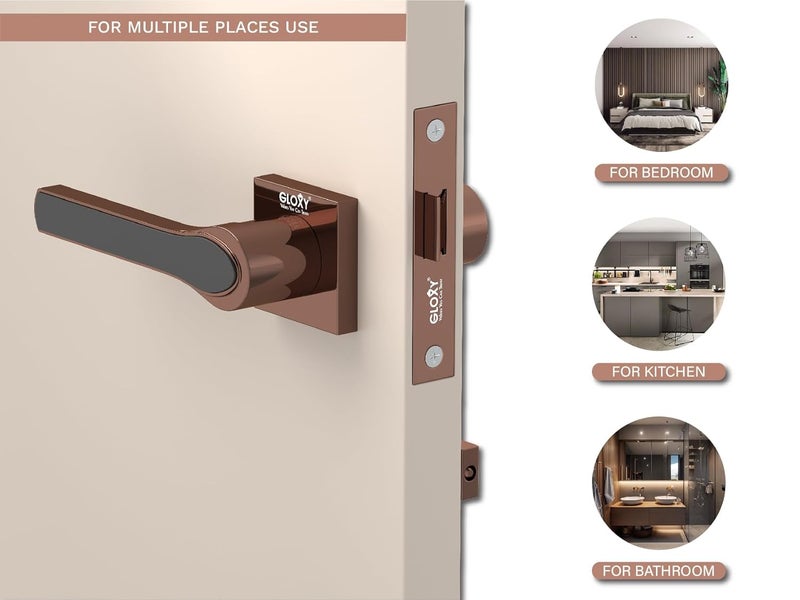 GLOXY Gloxy Brass Door Lock Set for Bathroom Mortise Door Lock Handle Set for Balcony Baby Latch Keyless Lock Handle Set for Storeroom Rose Gold Black Finish 2 Years Warranty Pack of 1  - Image 3