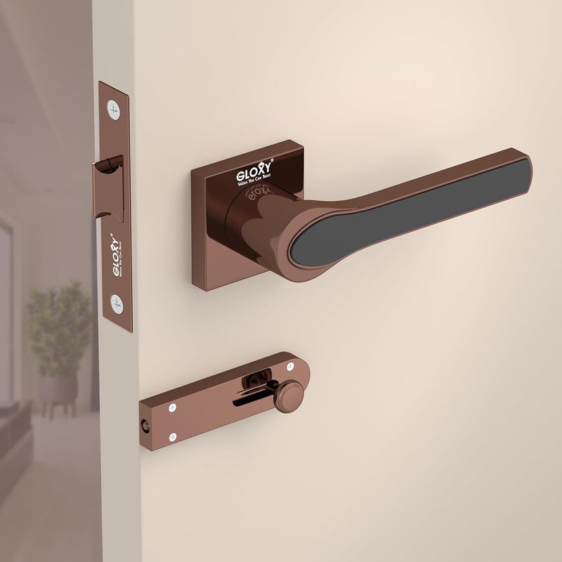 GLOXY Gloxy Brass Door Lock Set for Bathroom Mortise Door Lock Handle Set for Balcony Baby Latch Keyless Lock Handle Set for Storeroom Rose Gold Black Finish 2 Years Warranty Pack of 1  - Image 1
