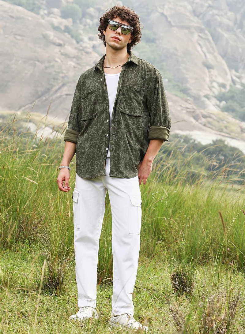 CAHOOT  Men's Juniper Green Faded Corduroy Oversized Shirt for Men | Best Price UAE