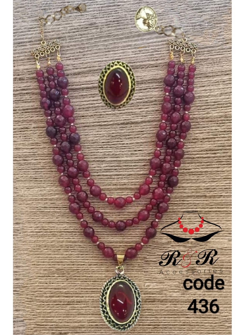 R&R Women's multi-role set of natural agate, copper necklace and ring