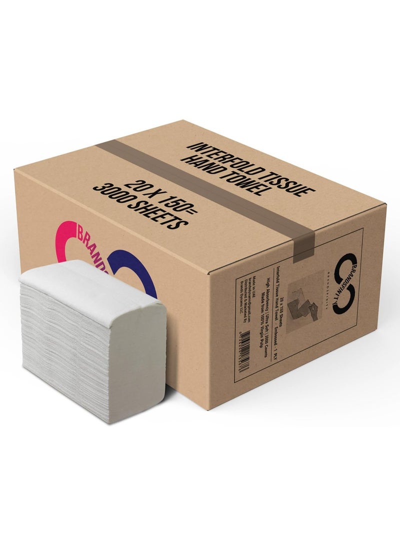 BRANDSFINITY Interfold 1-Ply Tissue Hand Towels - 3000 Embossed Sheets, 20 * 150 Soft and Highly Absorbent - Image 1