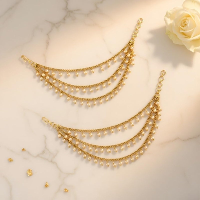 Efulgenz Ear Chains Indian Jewellery Traditional Indian Earrings with Hair Chain Earring Chain Jewelry for Wedding Layered Faux Pearl Charms Ear Chain Earrings for Women - Image 2