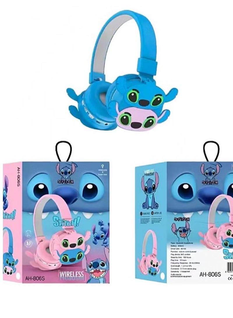 STITCH Wireless Bluetooth Headphones for Kids - High-Resolution Sound, 400mAh Battery, 18 Hours of Playtime, Built-in Microphone, Volume Control, 3.5mm Jack, 40mm Driver, Blue with Pink - Image 2