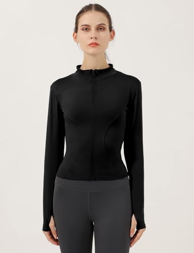Locachy Women's Lightweight Stretchy Workout Full Zip Running Track Jacket with Thumb Holes (Black, x_l) - Image 2