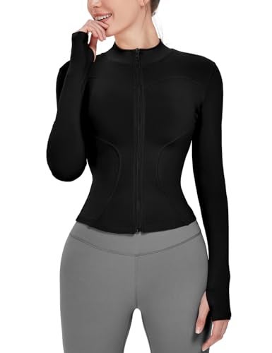 Locachy Women's Lightweight Stretchy Workout Full Zip Running Track Jacket with Thumb Holes (Black, x_l) - Image 1