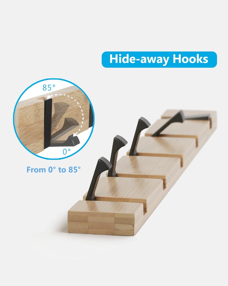 JSVER Wooden Coat Hooks Coat Rack Wall Mount, Space-Saving Coat Rack with 5 Standard Retractable Hooks, Hat Coat Hook for Entryway, Hallway, Bathroom, Living Room, Bedroom - Image 2