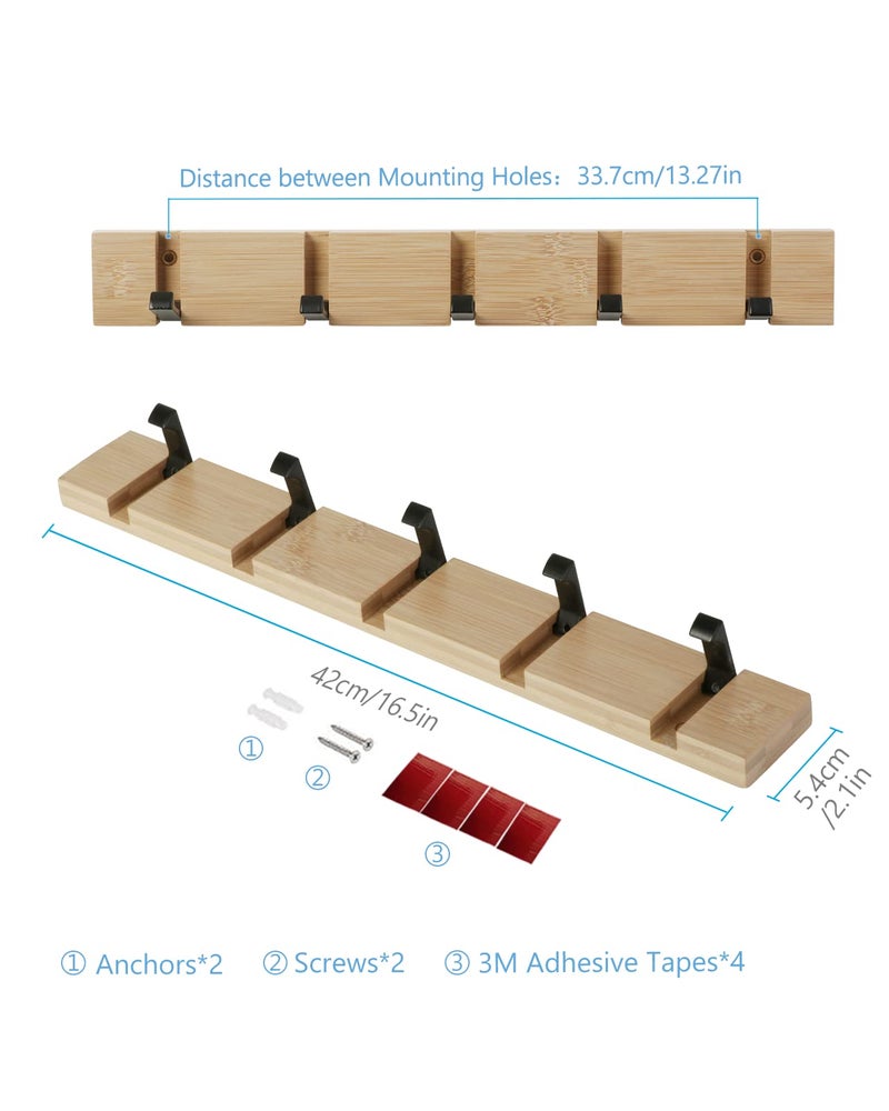 JSVER Wooden Coat Hooks Coat Rack Wall Mount, Space-Saving Coat Rack with 5 Standard Retractable Hooks, Hat Coat Hook for Entryway, Hallway, Bathroom, Living Room, Bedroom - Image 4