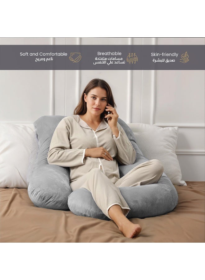 Rest Premium Velvet G Shaped Pregnancy Pillow  70x140cm  Maternity Full Body Pillow For Pregnant Women for Back , Hip , Neck and Knee Support with Removal Cover , Grey - Image 4