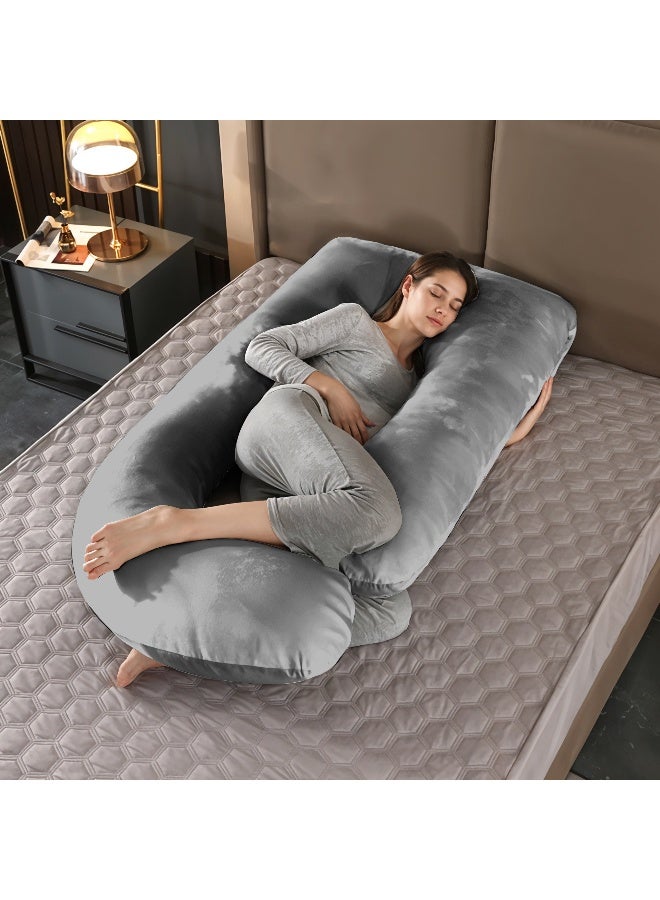 Rest Premium Velvet G Shaped Pregnancy Pillow  70x140cm  Maternity Full Body Pillow For Pregnant Women for Back , Hip , Neck and Knee Support with Removal Cover , Grey - Image 1