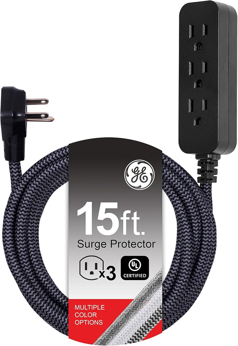 GE 3-Outlet Power Strip Surge Protector 15 Ft Braided Long Cord Extension Cord Surge Protector Power Strip Flat Plug Extension Cord 250 Joules ETL Listed Black 44237 - Image 1