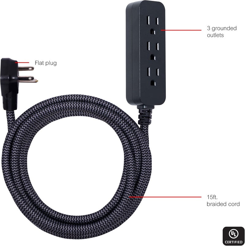 GE 3-Outlet Power Strip Surge Protector 15 Ft Braided Long Cord Extension Cord Surge Protector Power Strip Flat Plug Extension Cord 250 Joules ETL Listed Black 44237 - Image 2