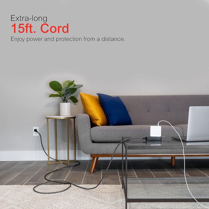 GE 3-Outlet Power Strip Surge Protector 15 Ft Braided Long Cord Extension Cord Surge Protector Power Strip Flat Plug Extension Cord 250 Joules ETL Listed Black 44237 - Image 4