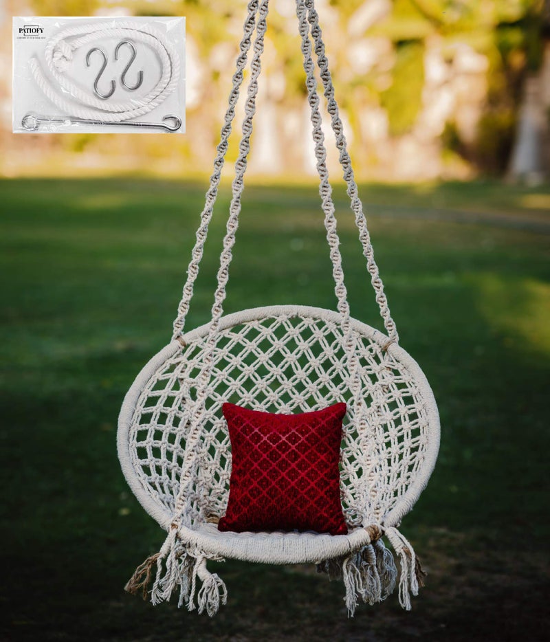 Patiofy Made in India Handmade Large Size Hanging Swing Chair Cotton with Hanging Kit for Comfort Jhula for Home -100 Kg Capacity (White) - Image 1