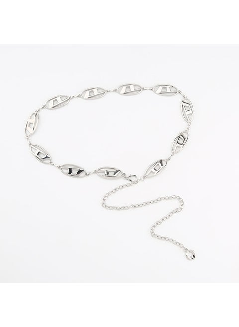 Retro Silver Metal Chain D-Letter Unisex Belt Xi Zi Waist Chain (Silver)