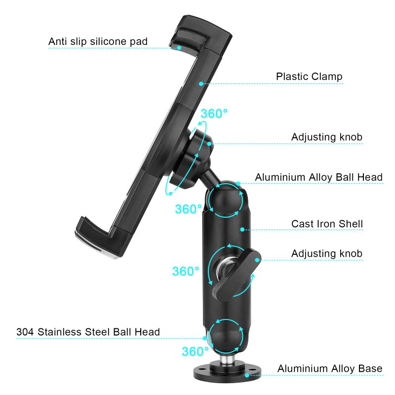 iTODOS Aluminum Heavy Duty Drill Base Tablet Holder for Car,Tablet Mount for Truck,Commercial Vehicles,Dashboard,Boat and Wall Compatible with 4"-12.9" iPad Pro/Mini/Galaxy Tab//Phones,Large Case Friendly - Image 5