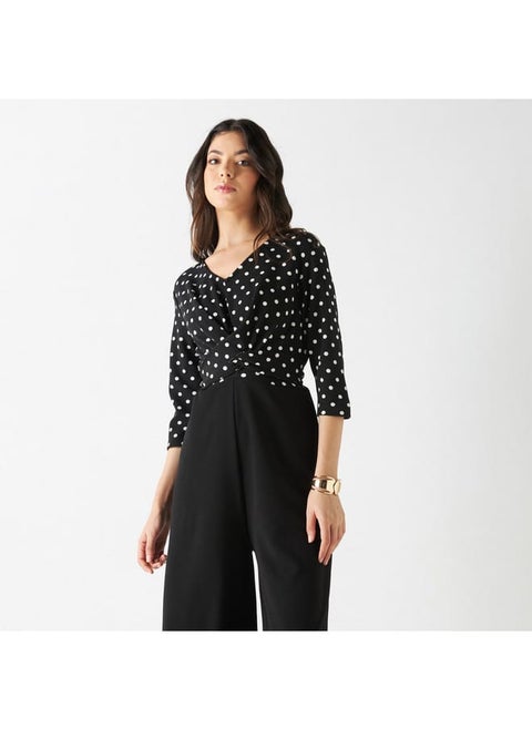 Iconic Polka Dot Print Jumpsuit with 3/4 Sleeves