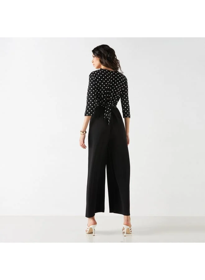 Iconic Iconic Polka Dot Print Jumpsuit with 3/4 Sleeves