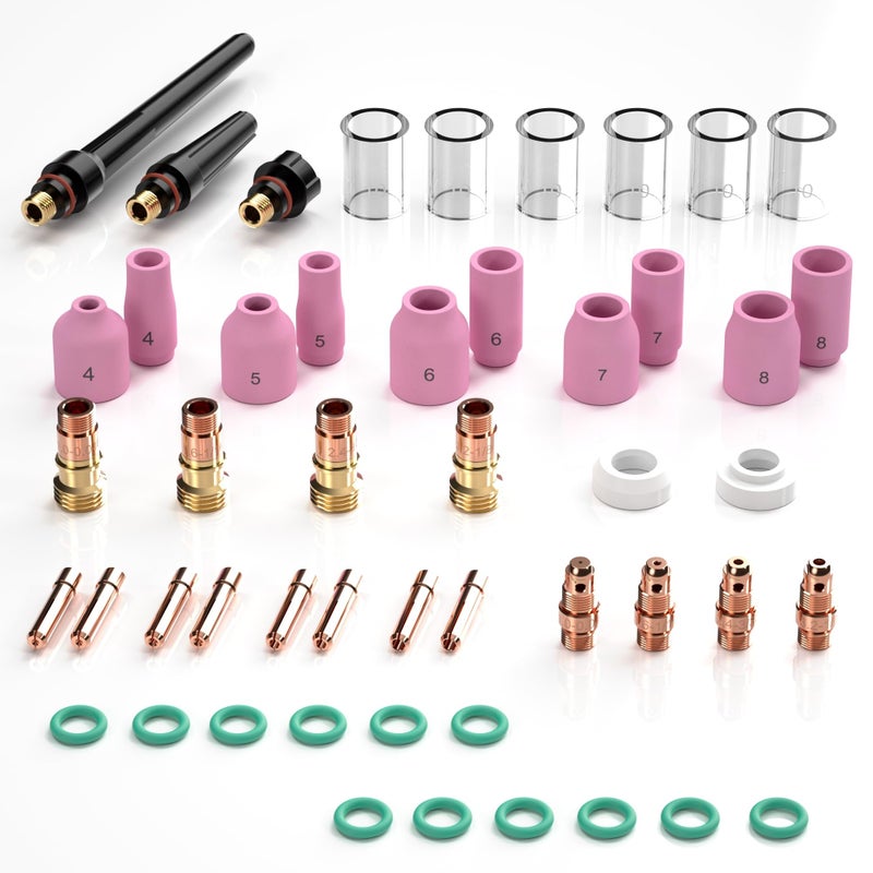 KZU 49Pcs TIG Welding Torch Accessories, Stubby Gas Lens #10, Glass Cup Kit for WP-17 WP-18 WP-26 TIG Welding Torch, with Copper Collets, Gas Lens, Mount Cups, Tig Torch Cups - Image 1