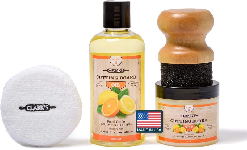 Clark's CLARKS Cutting Board Oil and Wax Kit  Includes Food Grade Mineral Oil 12oz Finishing Wax 6oz Applicator  Buffing Pad to Clean and Protect Wood Enriched with Natural Lemon  Orange Extract 