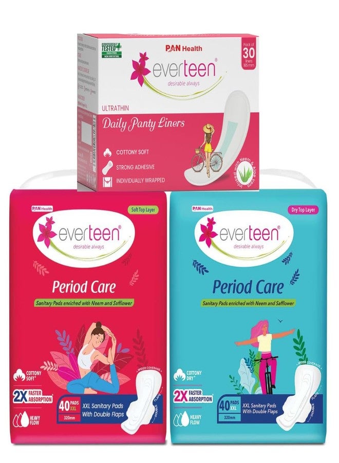 Everteen Sanitary Napkins for Women XXL Size, 80 Pads with 30 Panty Liners, Cotton Soft Top Layer, Heavy Flow, Enriched with Neem and Safflower - Image 1